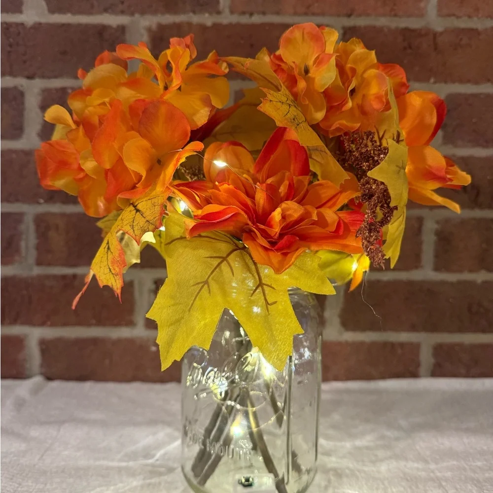 Autumn Floral Arrangement in Mason Jar with LED lights